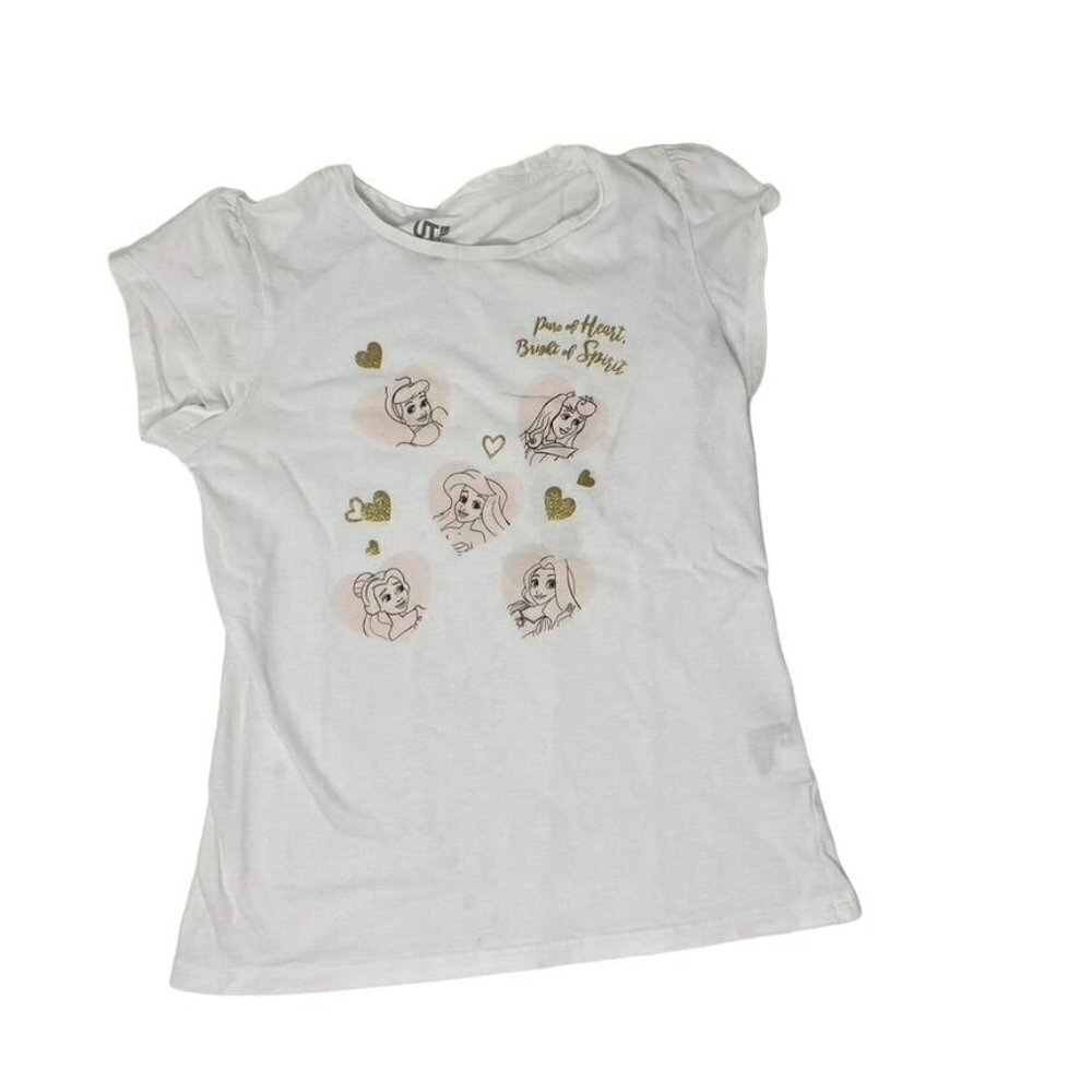 Uniqlo x Disney White T-Shirt Princesses Gold Hearts Sz 7-8